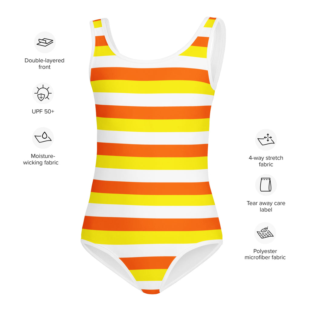 A vibrant girls candy corn stripes buttery soft leotard with orange yellow stripes on white polyester microfiber fabric for dance and gymnastics