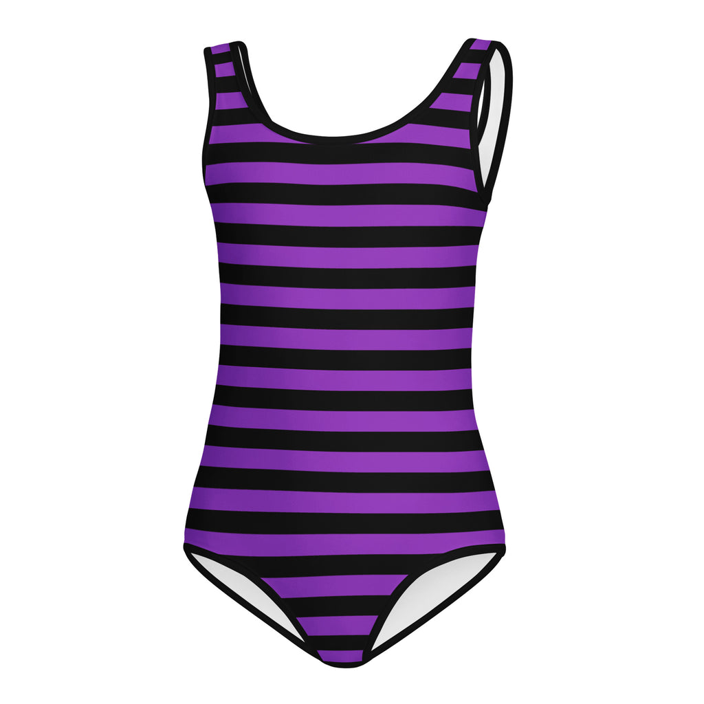Girls purple and black halloween striped buttery soft quick drying leotard for dance and gymnastics