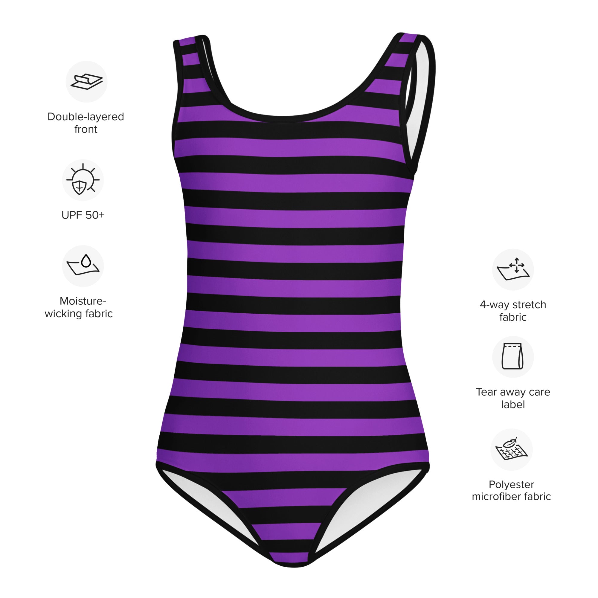 Girls purple and black striped buttery soft polyester microfiber leotard for dance and gymnastics with quick drying fabric
