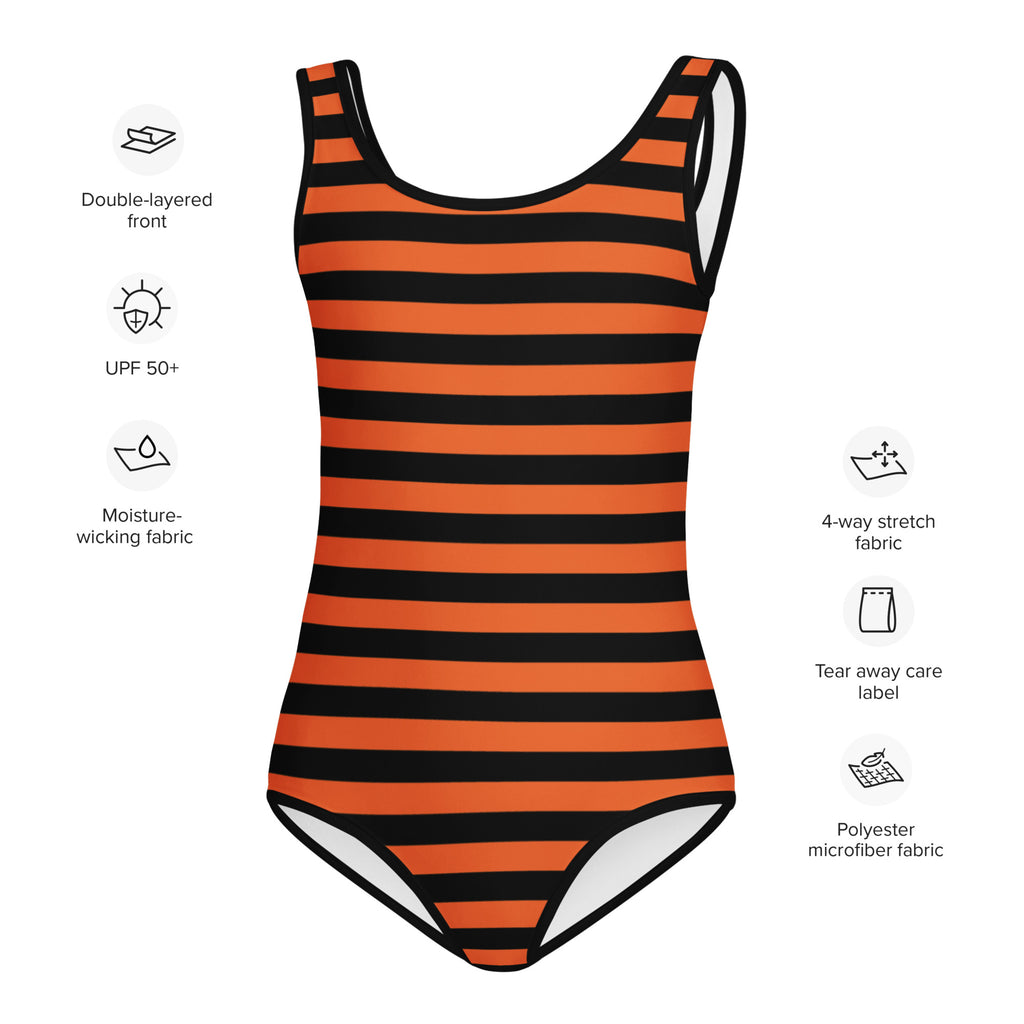 Girls orange and black Halloween striped buttery soft polyester microfiber leotard for dance and gymnastics
