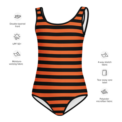 Girls Orange and Black Halloween Striped Buttery Soft Leotard - Quick Drying For Dance and Gymnastics