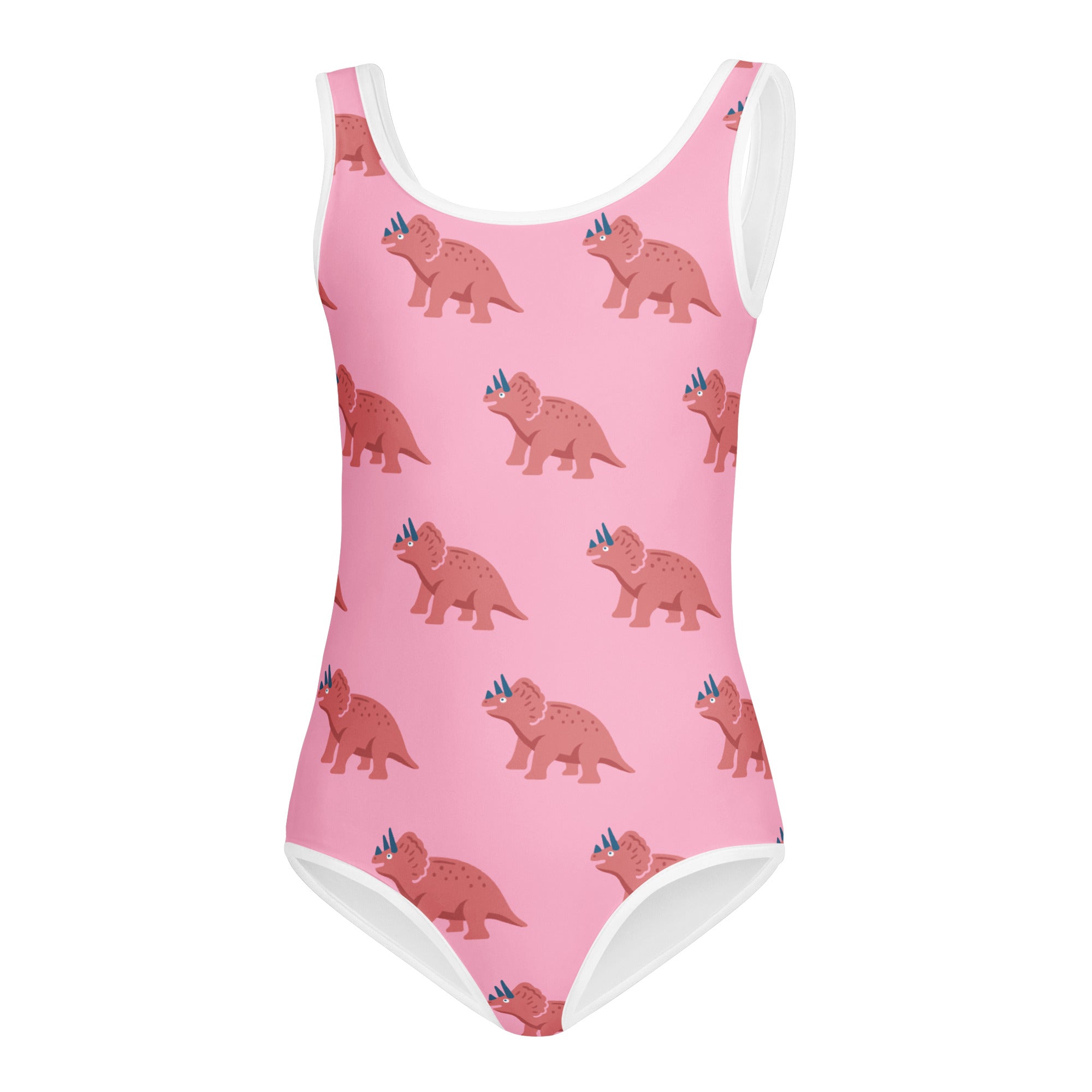 Girls pink triceratops buttery soft quick drying leotard with cartoon dinosaur pattern and white trim for dance and gymnastics
