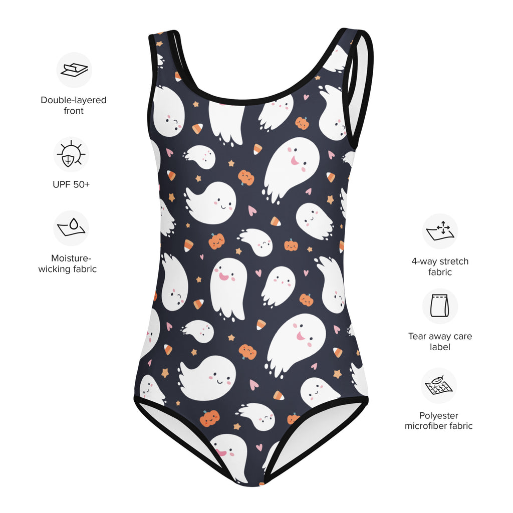 Girls ghost candy corn pumpkin halloween swimsuit in navy blue one-piece with white ghosts and orange pumpkins pattern