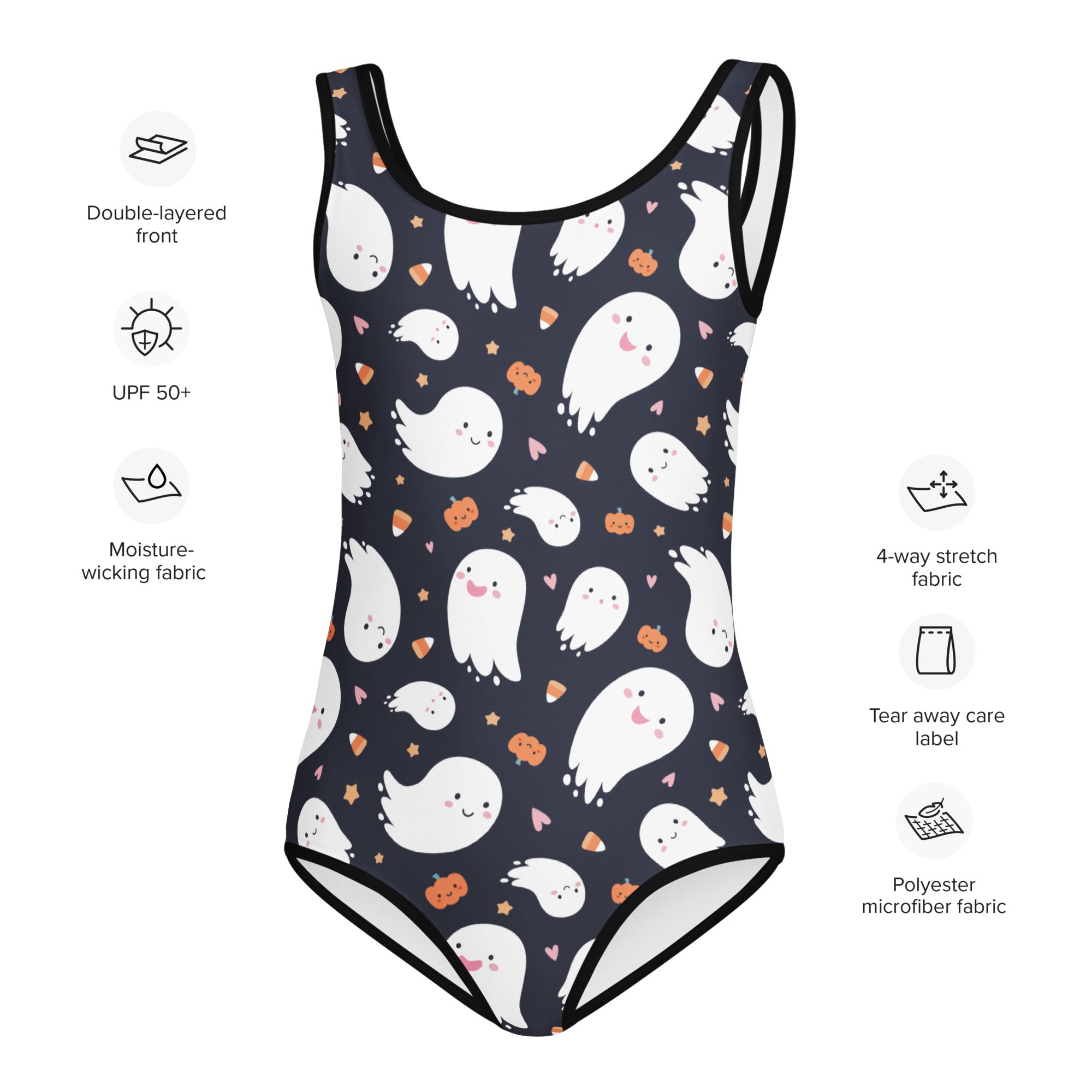 Girls ghost candy corn pumpkin halloween swimsuit in navy blue one-piece with white ghosts and orange pumpkins pattern