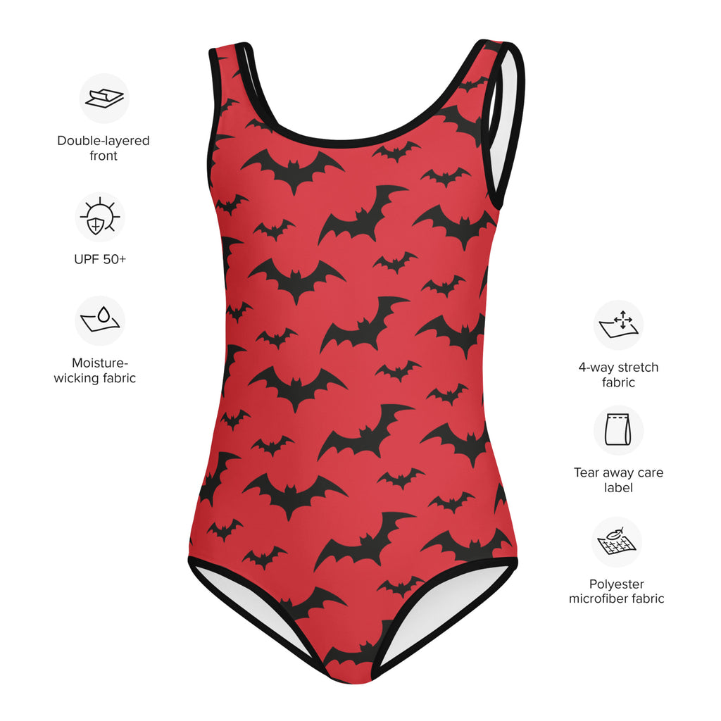 Girls red bats halloween buttery soft one-piece swimsuit with black bat pattern and black trim