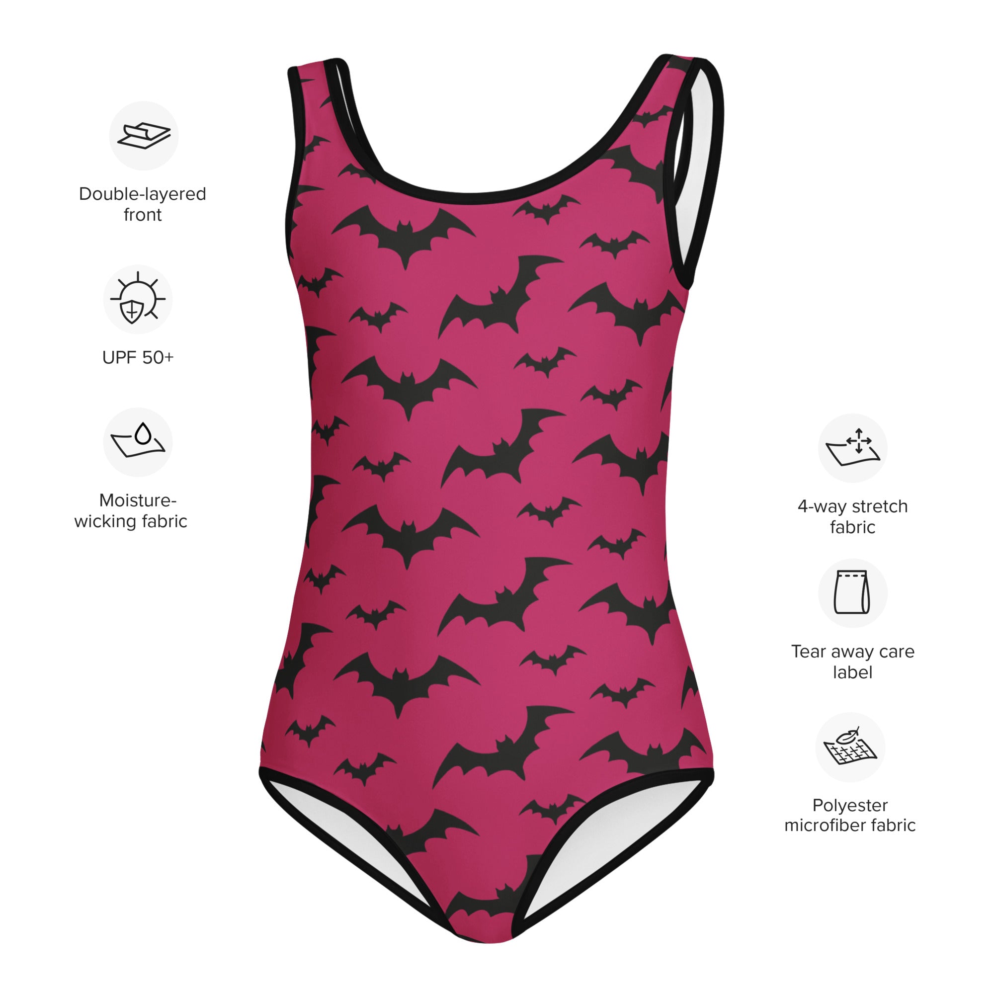 Girls pink bats halloween buttery soft swimsuit in vibrant pink with black bat pattern and contrasting black trim