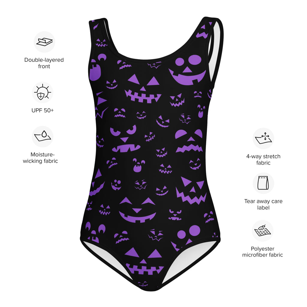 Girls purple jack-o-lantern faces halloween buttery soft black leotard with white trim for dance and gymnastics