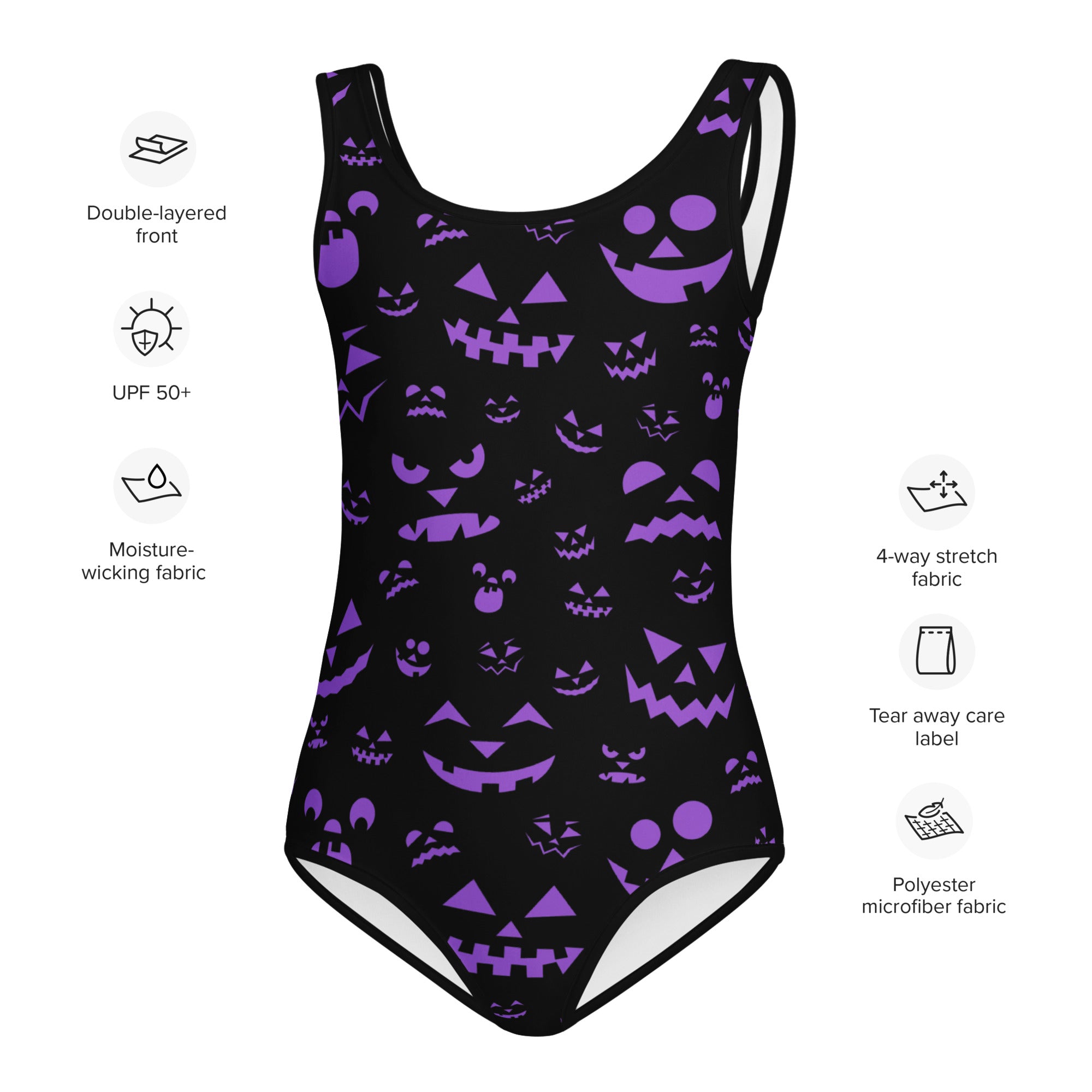 Girls purple jack-o-lantern faces halloween buttery soft black leotard with white trim for dance and gymnastics