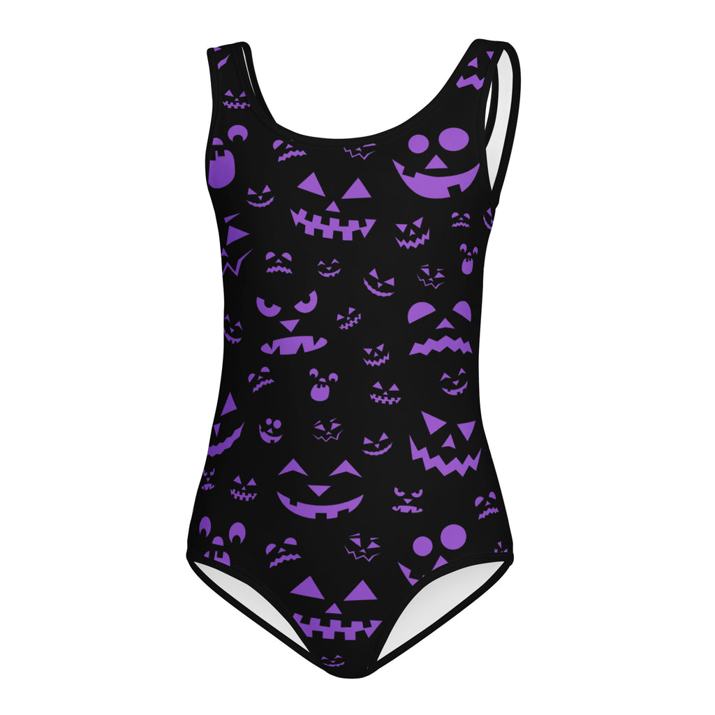 Black one-piece swimsuit with purple halloween jack-o-lantern faces buttery soft quick drying for dance and gymnastics