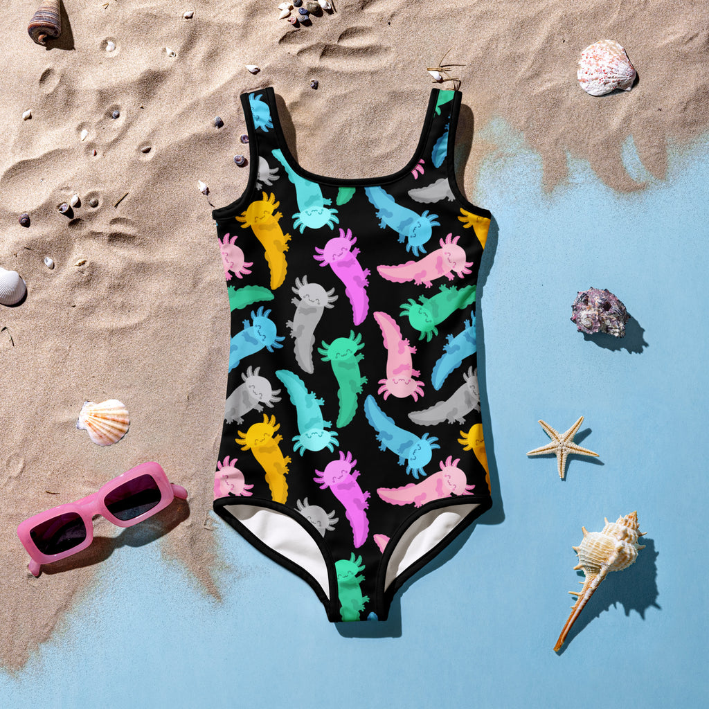 A vibrant black girls one-piece swimsuit with colorful axolotl pattern and buttery soft fabric with UPF 50 plus protection