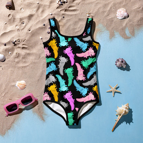 A vibrant black girls one-piece swimsuit with colorful axolotl pattern and buttery soft fabric with UPF 50 plus protection
