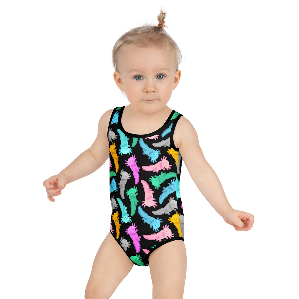 Girls colorful axolotl buttery soft black one-piece swimsuit with vibrant multicolored pattern and UPF 50 plus protection