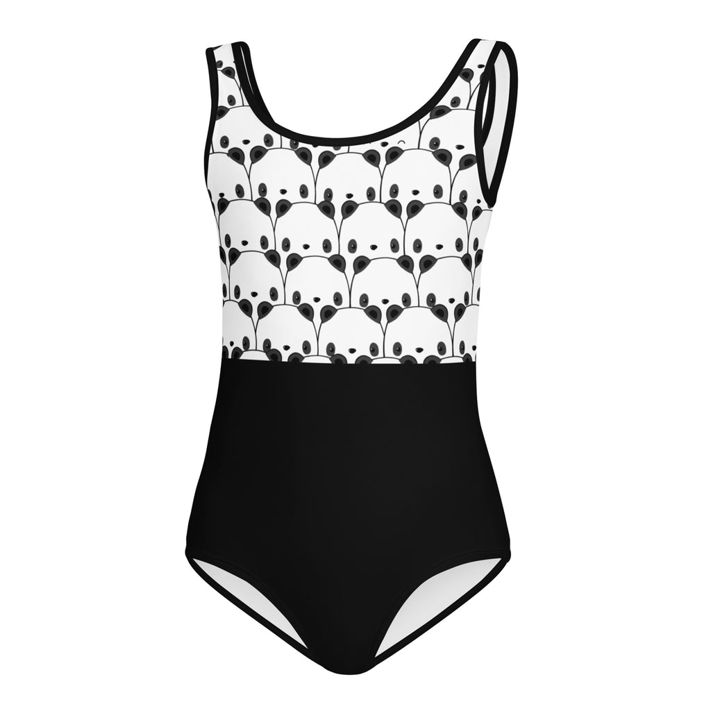 Girls black and white panda buttery soft leotard with quick drying fabric featuring a playful panda face pattern