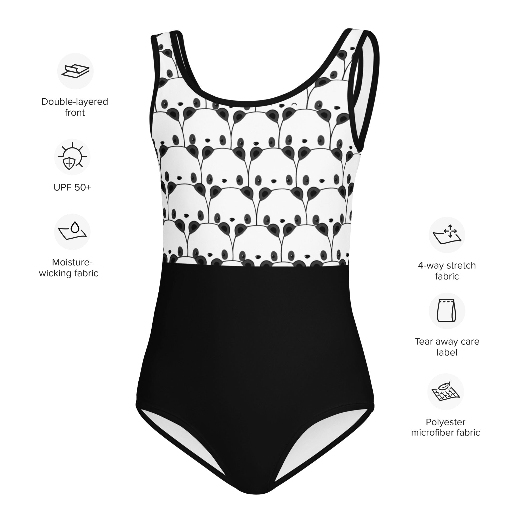 Girls black and white panda buttery soft leotard with playful panda face quick drying for dance and gymnastics