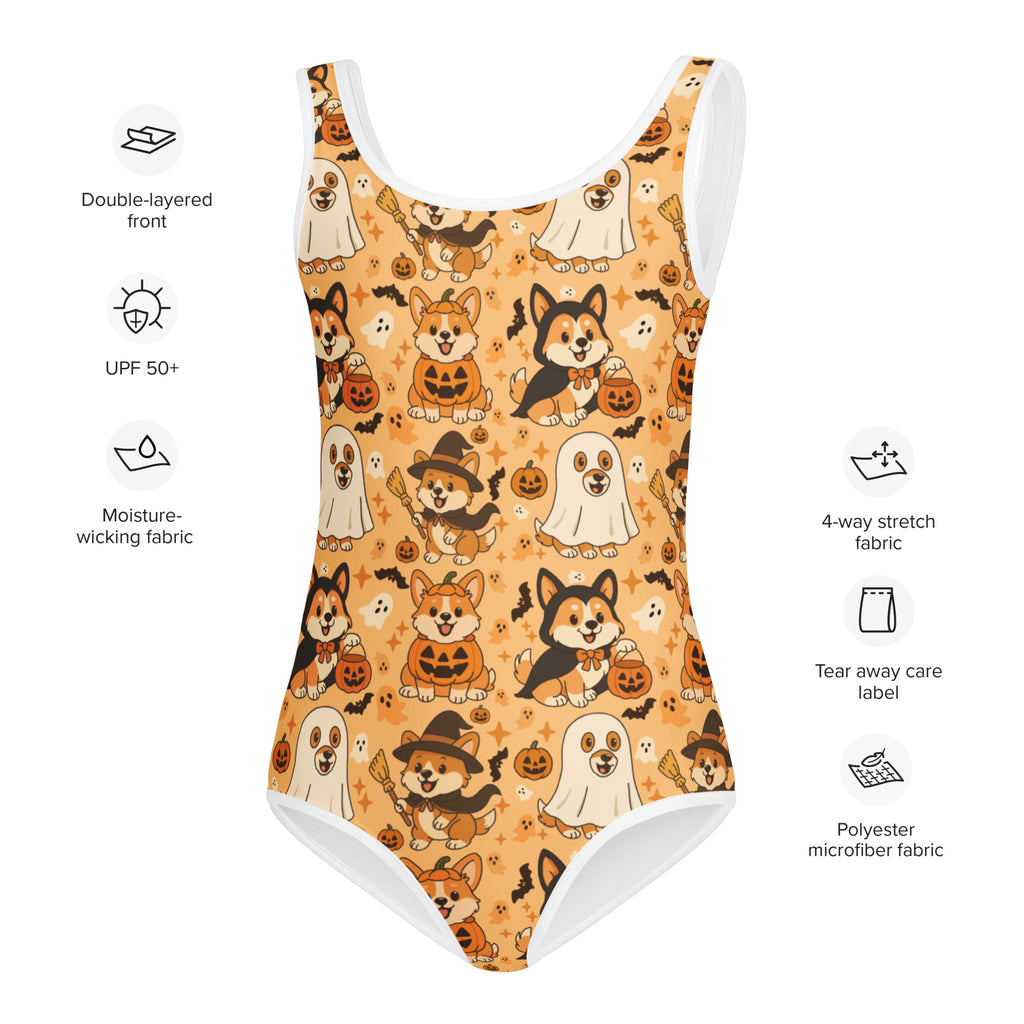 Girls halloween corgi dog buttery soft quick drying orange one-piece swimsuit with ghost and pumpkin pattern