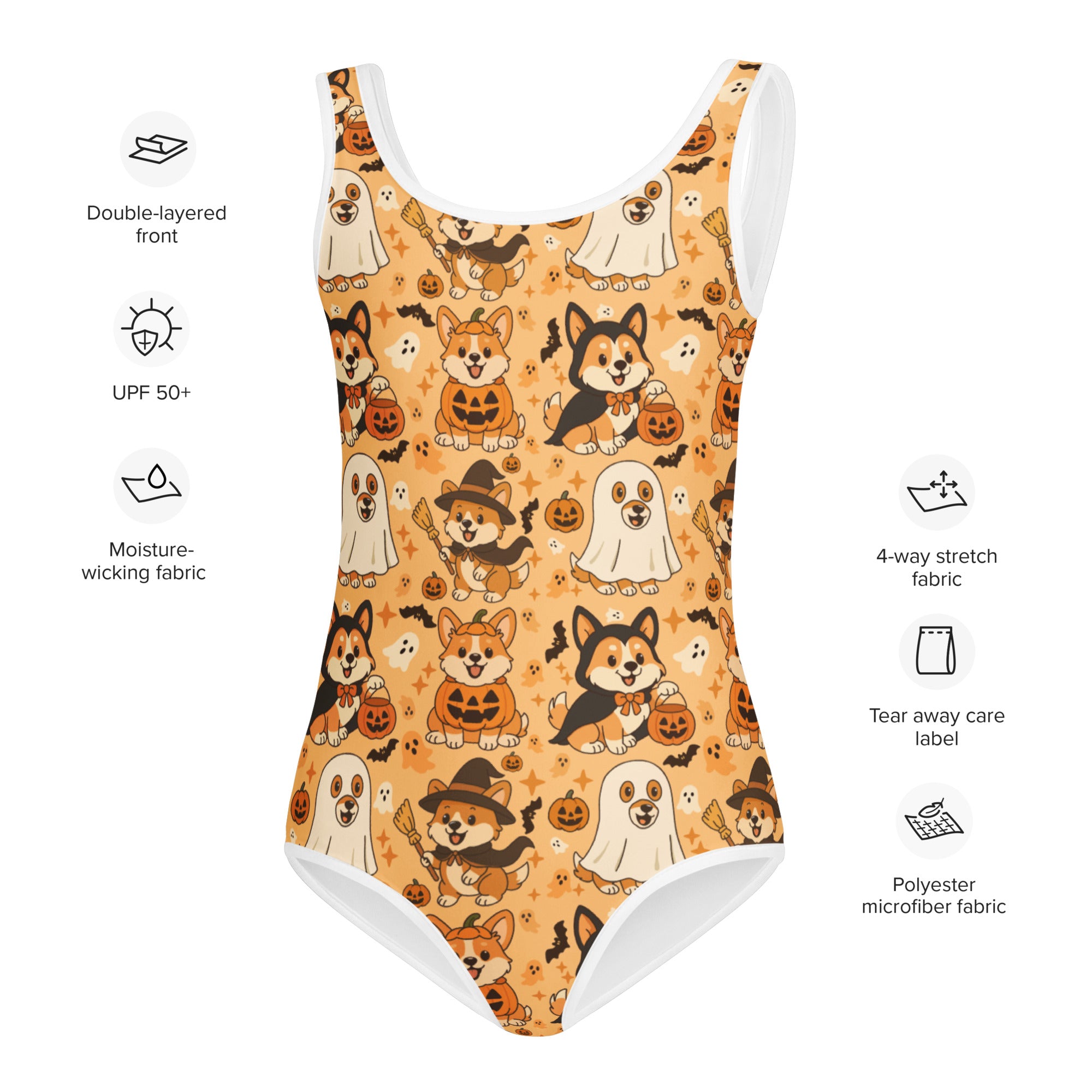 Girls halloween corgi dog buttery soft quick drying orange one-piece swimsuit with ghost and pumpkin pattern