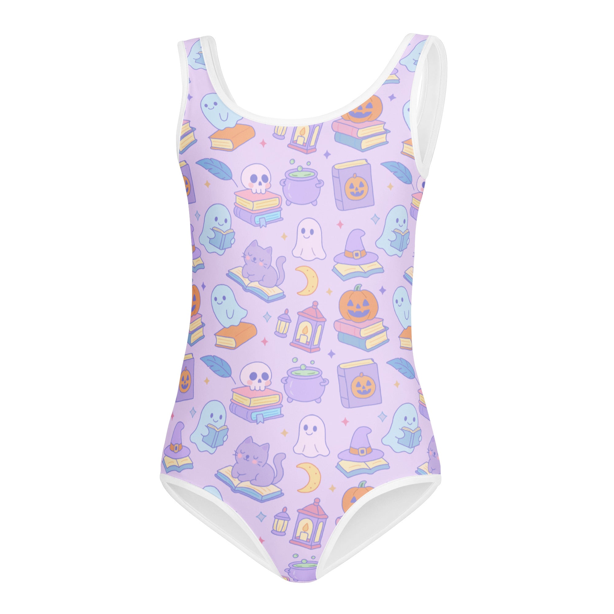 Lavender girls buttery soft leotard with white trim and pastel halloween book themed print for dance and gymnastics