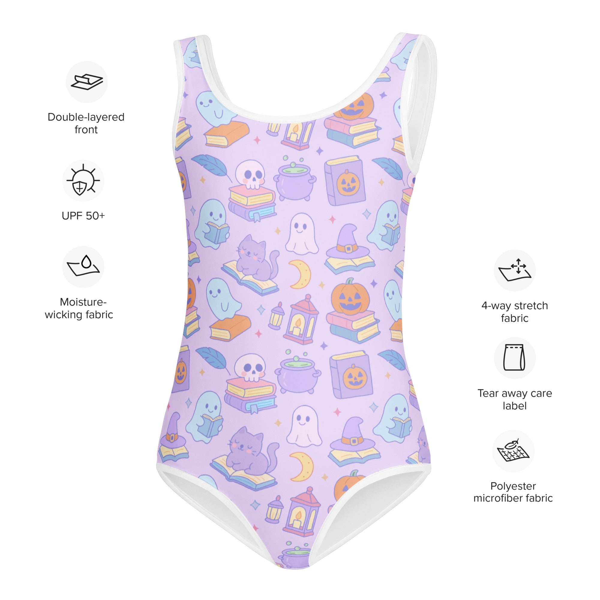Girls buttery soft lavender one-piece swimsuit with halloween ghosts cats pumpkins and books quick drying for gymnastic use