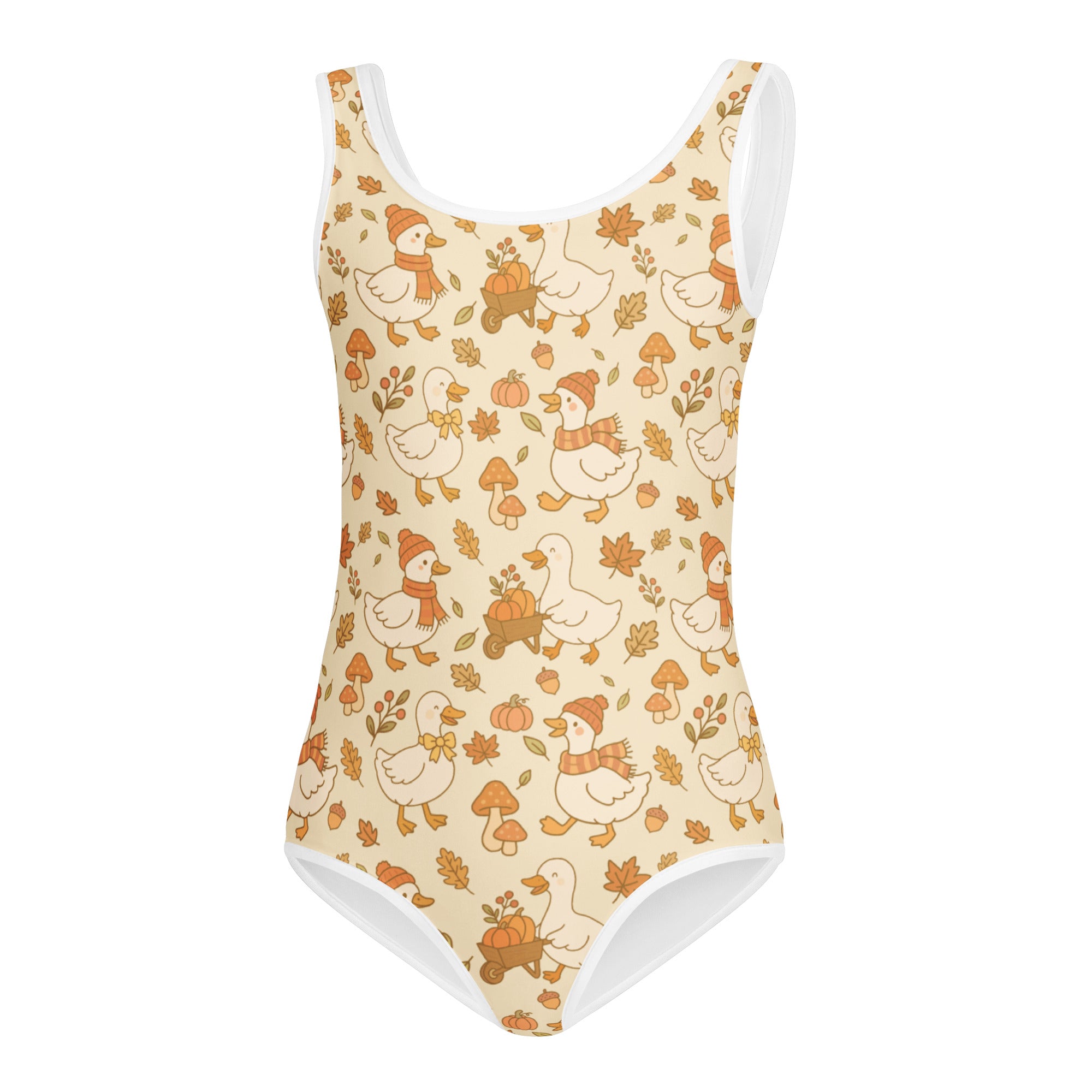 Beige girls autumn duck themed buttery soft quick drying one-piece swimsuit with pumpkins and leaves pattern