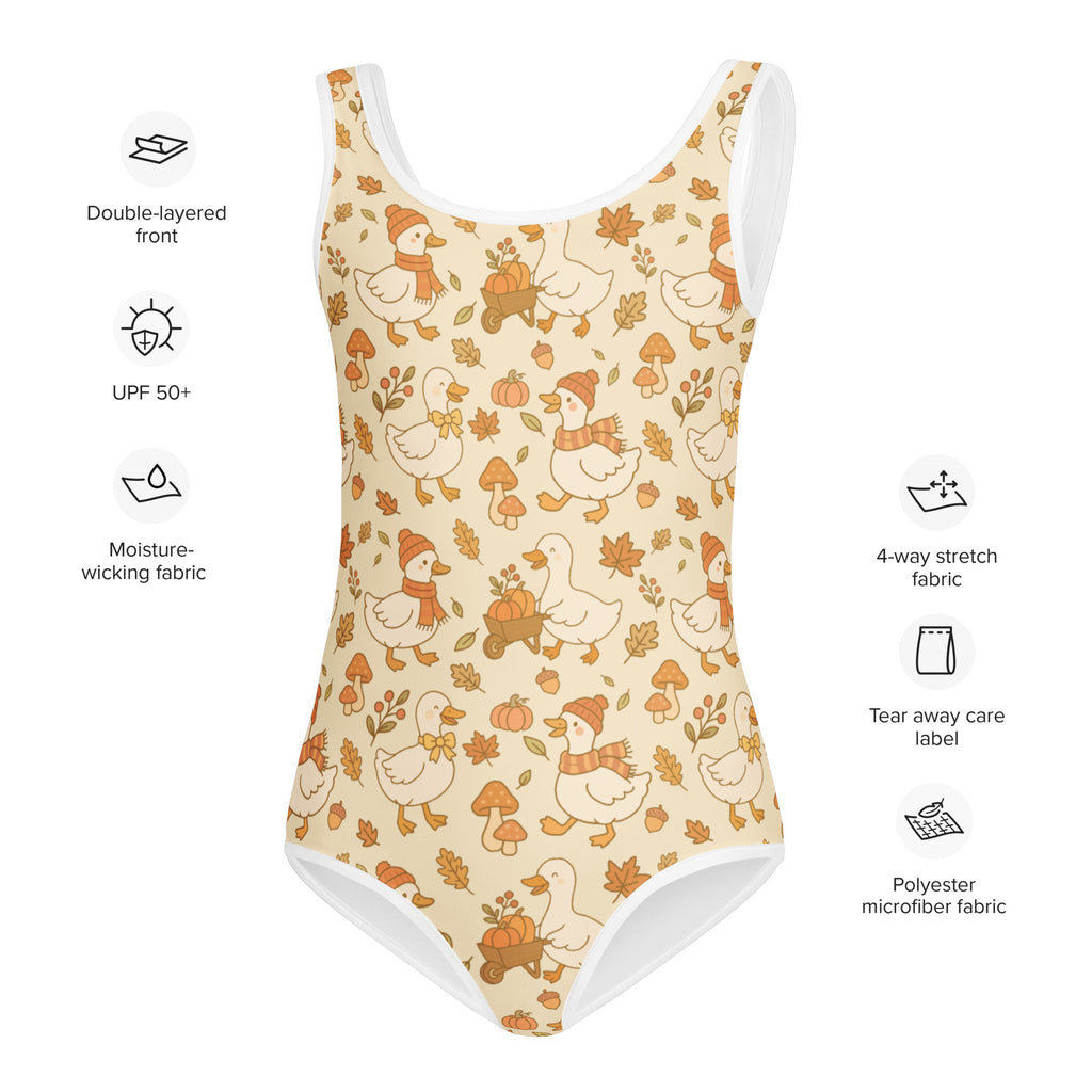 Beige girls autumn duck themed buttery soft one-piece swimsuit with pumpkins and leaves for dance and gymnastics