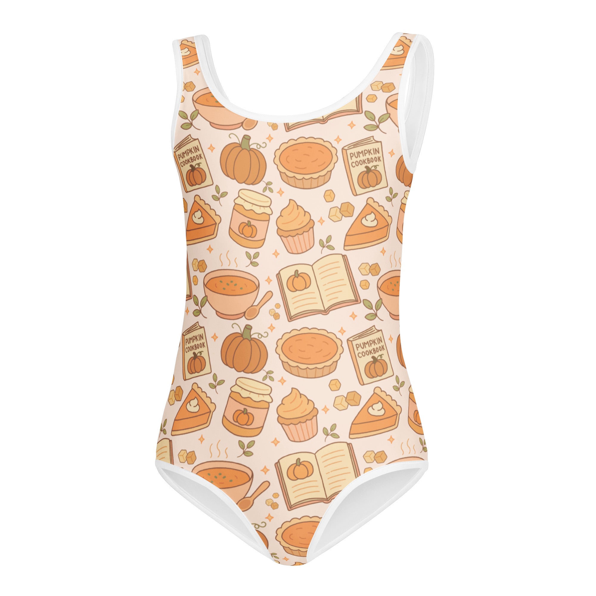 Girls pumpkin pie themed buttery soft sleeveless leotard in peachy beige with pumpkins pies and cookbooks pattern