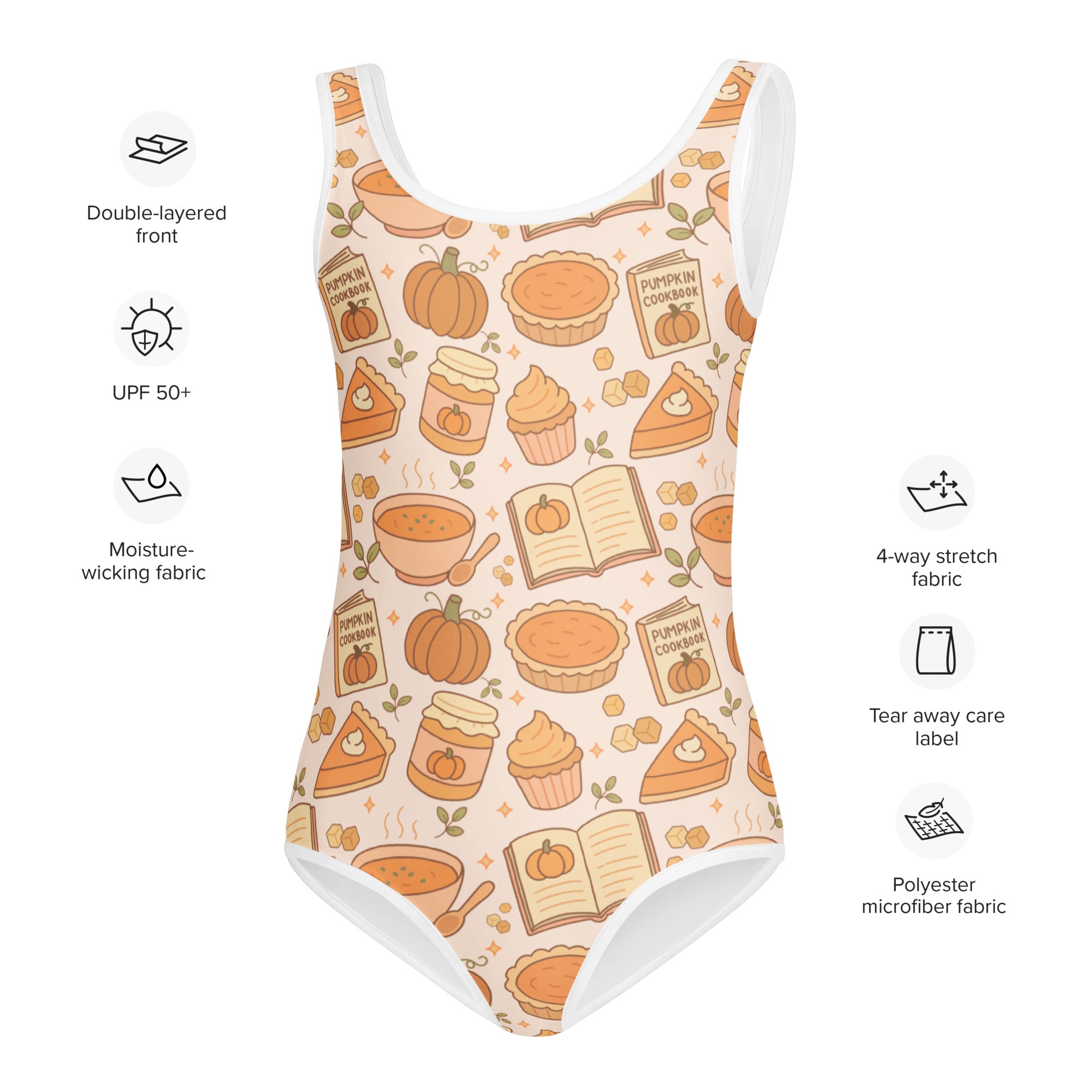 Beige buttery soft girls leotard with pumpkin pie pattern featuring pies pumpkins and cookbooks for dance and gymnastics