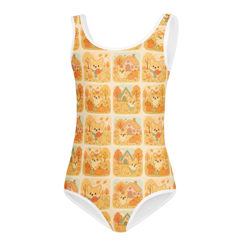Girls corgi dog pumpkin autumn buttery soft off-white leotard with quick drying fabric for dance and gymnastics