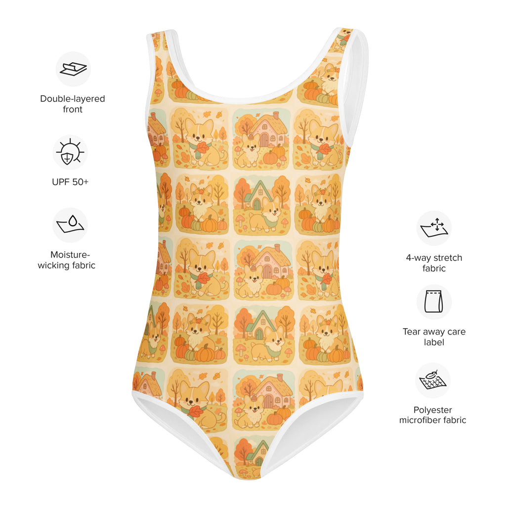 Girls corgi dog pumpkin autumn buttery soft leotard with playful orange beige pattern on double-layered polyester microfiber for dance and gymnastics