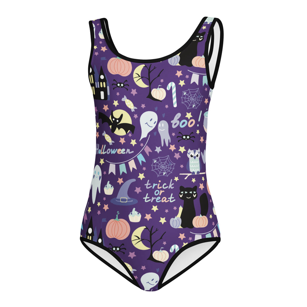 Purple halloween-themed girls buttery soft one-piece swimsuit with black trim and cartoon ghosts for dance and gymnastics