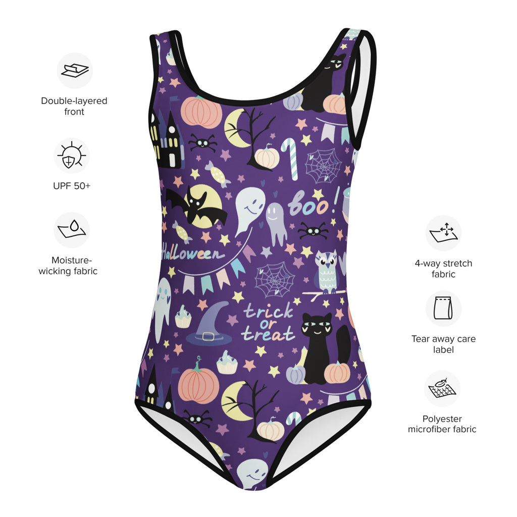 Girls spooky Halloween buttery soft purple swimsuit with black trim featuring ghosts bats pumpkins and owls for dance