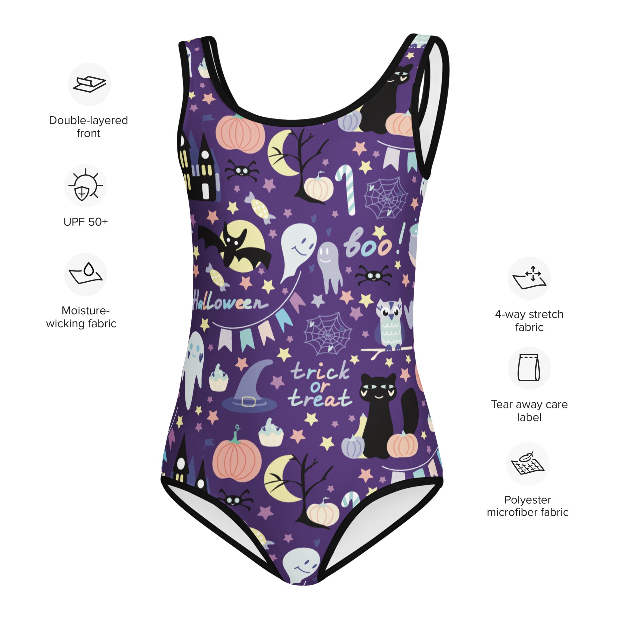Girls spooky Halloween buttery soft one-piece swimsuit in purple with black trim and ghost and bat prints on starry background
