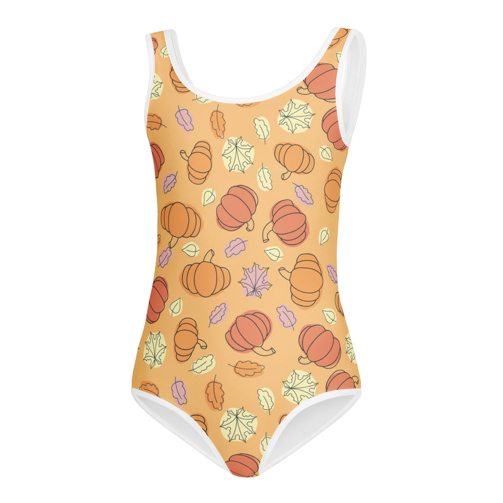 Girls pumpkin patch buttery soft quick drying sleeveless one-piece swimsuit in warm orange with pumpkin and leaf pattern