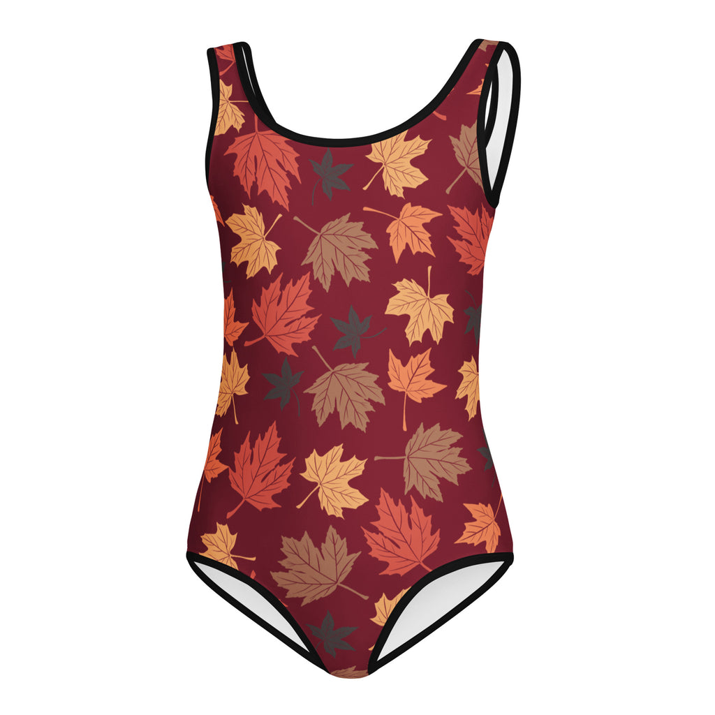 Girls autumn leaves buttery soft maroon leotard with vibrant leaf pattern and black trim for dance and gymnastics