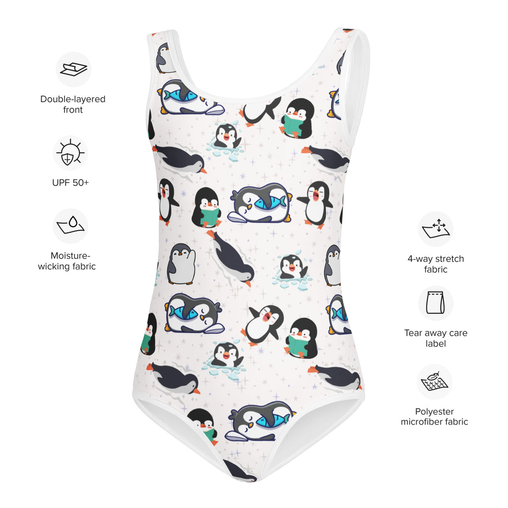 Girls winter penguin buttery soft white one-piece swimsuit with black and white cartoon penguins for dance and gymnastics