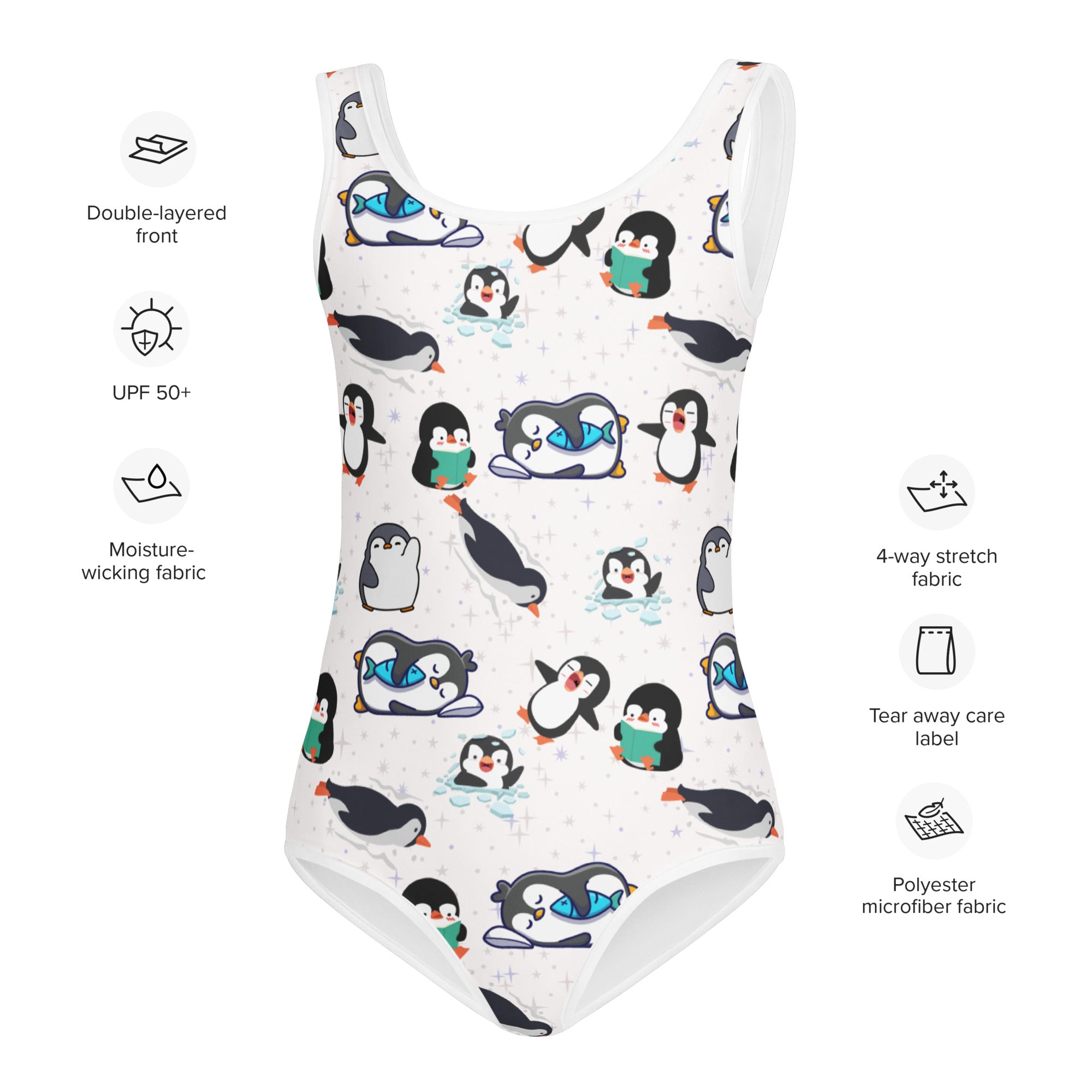 Girls winter penguin buttery soft white one-piece swimsuit with black and white cartoon penguins for dance and gymnastics