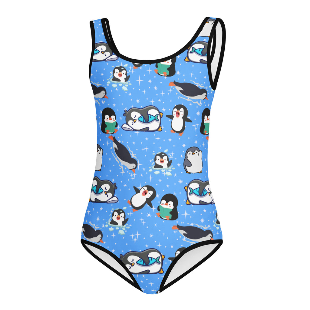 Blue girls winter penguin buttery soft quick drying leotard with black trim and playful penguin pattern for dance and gymnastics