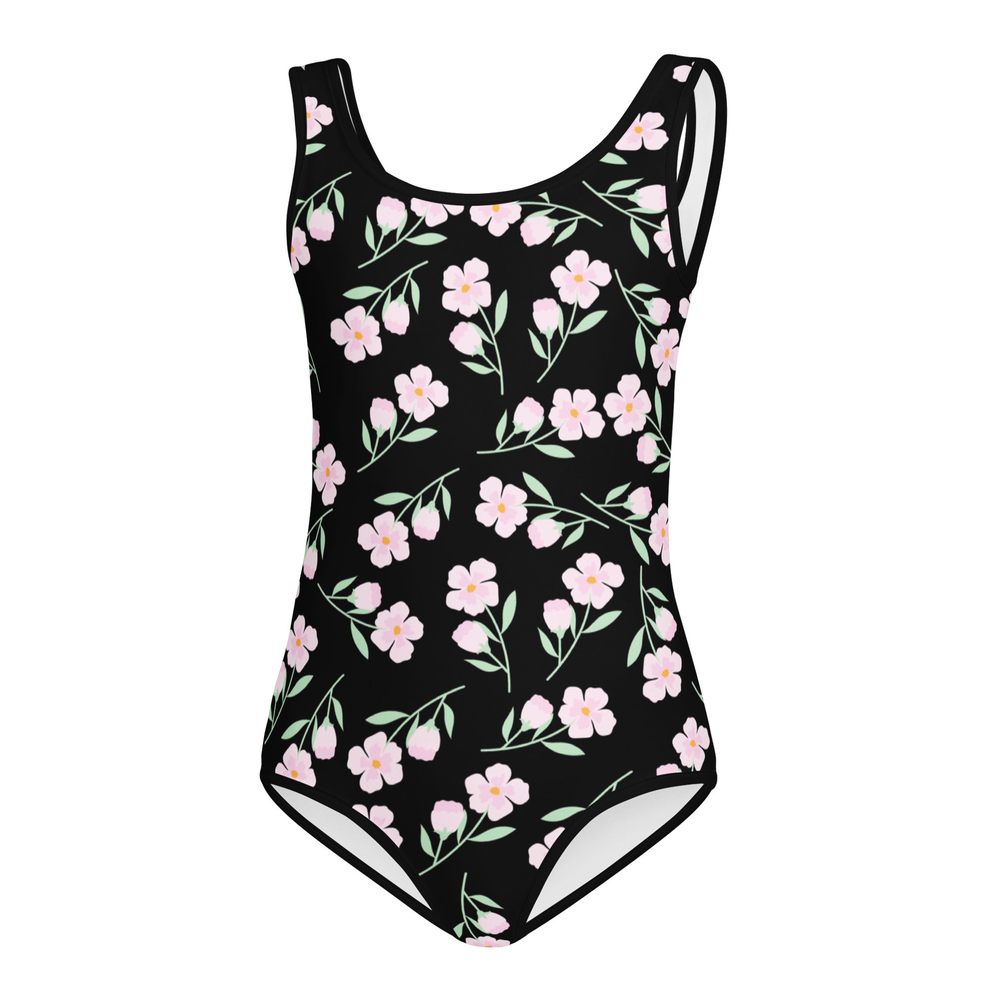 Girls black floral buttery soft leotard with delicate pink flowers and green leaves, thin straps, white trim, quick drying for dance and gymnastics
