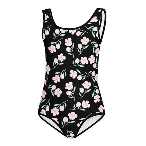 Girls black floral buttery soft leotard with delicate pink flowers and green leaves, thin straps, white trim, quick drying for dance and gymnastics