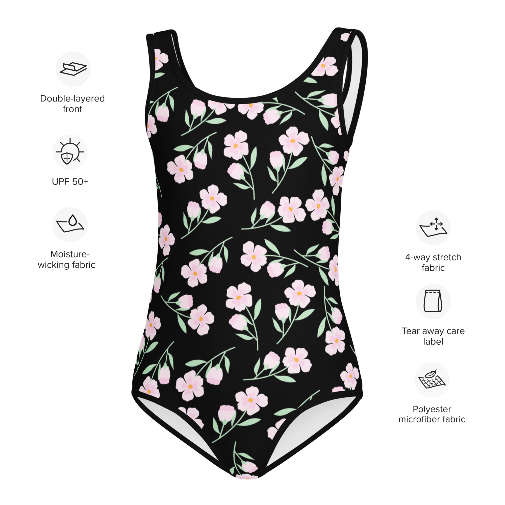 Girls black floral buttery soft leotard made from polyester microfiber fabric for dance and gymnastics