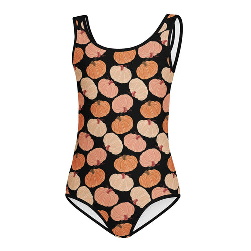 Black girls fall pumpkins leotard with orange and beige pumpkin pattern buttery soft quick drying for dance and gymnastics