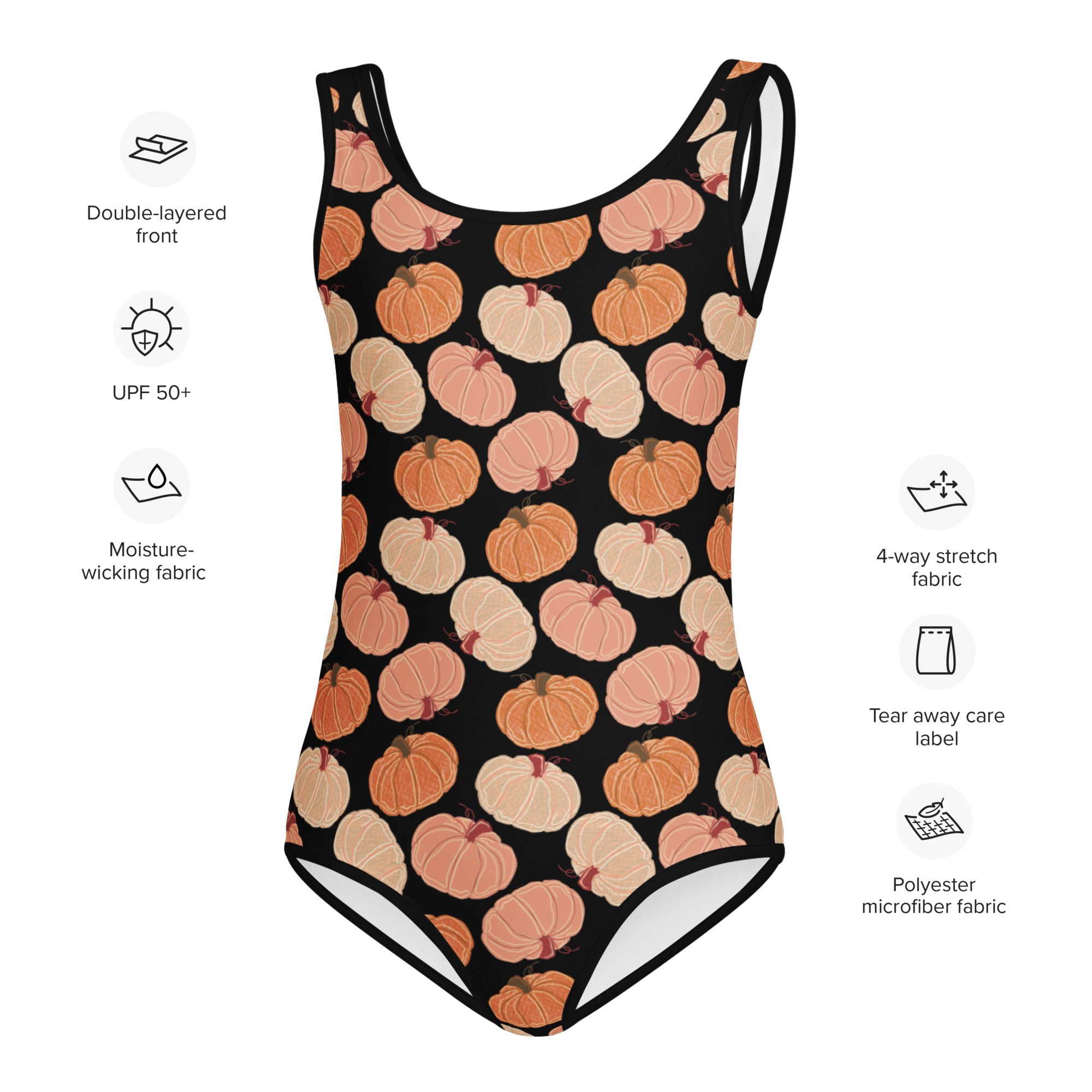 Girls pumpkin patch buttery soft black one-piece swimsuit with orange pumpkin pattern and upf 50 protection