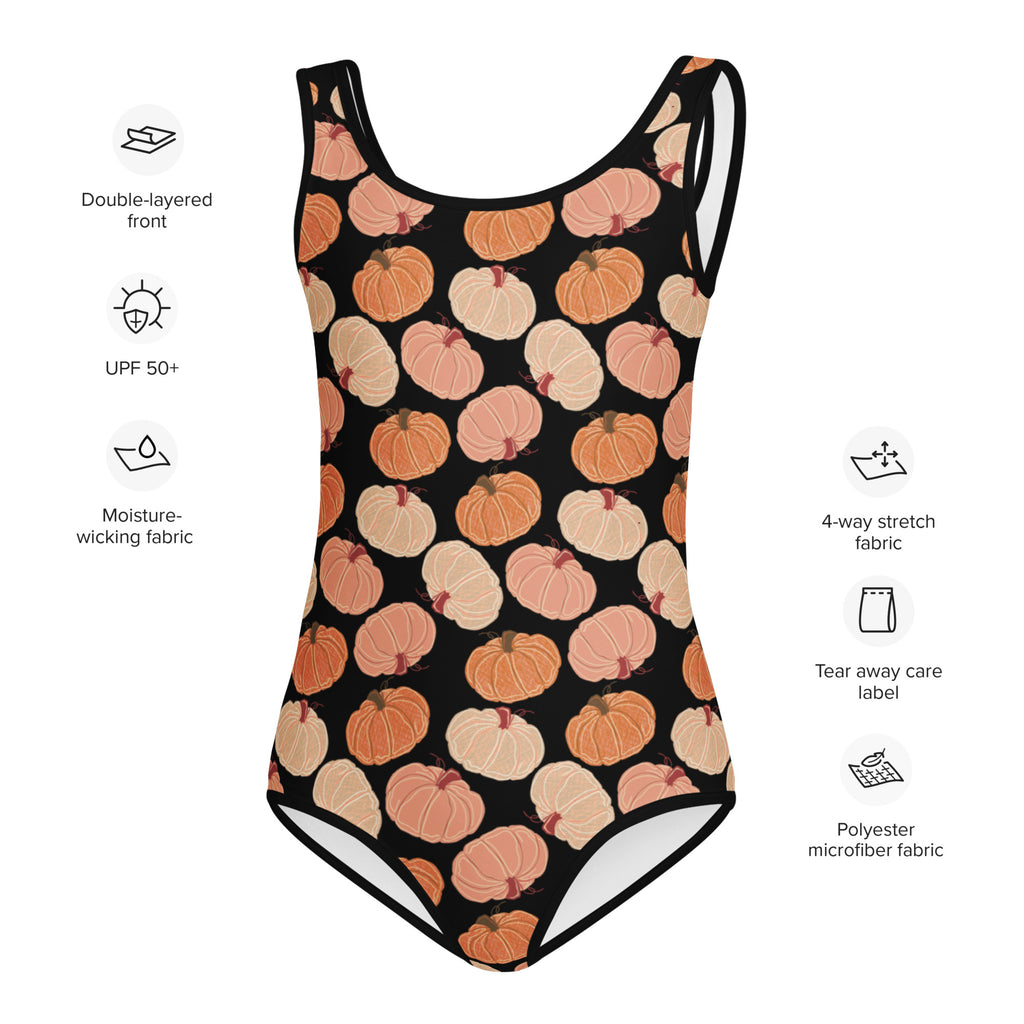 Girls fall pumpkins buttery soft black one-piece swimsuit with orange and beige pumpkin pattern for dance and gymnastics