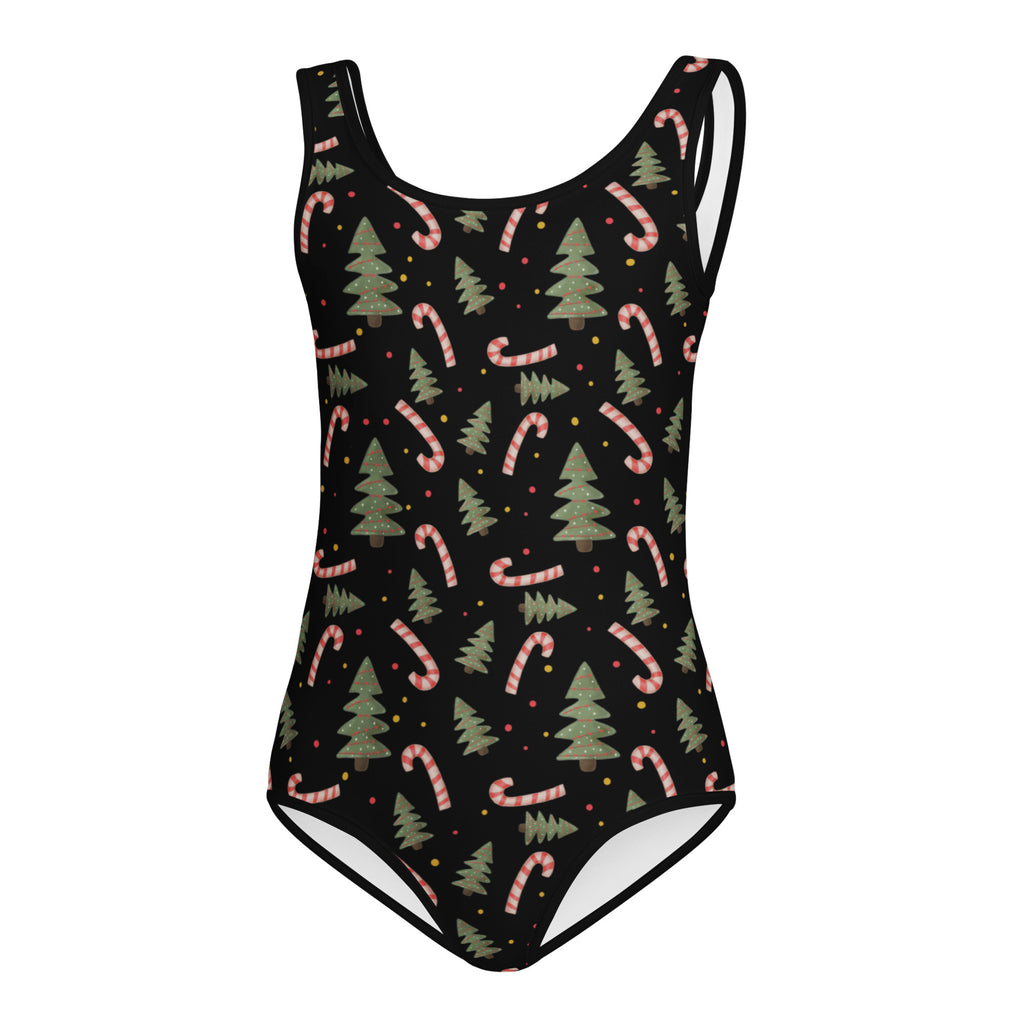 Black girls one-piece swimsuit with green pine trees and pink candy canes buttery soft quick drying for dance