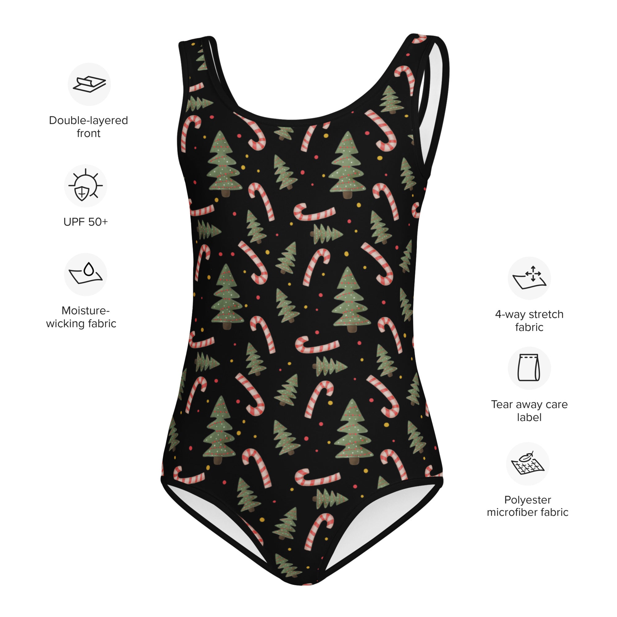 Girls Christmas trees and candy canes buttery soft black one-piece swimsuit with festive pattern made of polyester microfiber