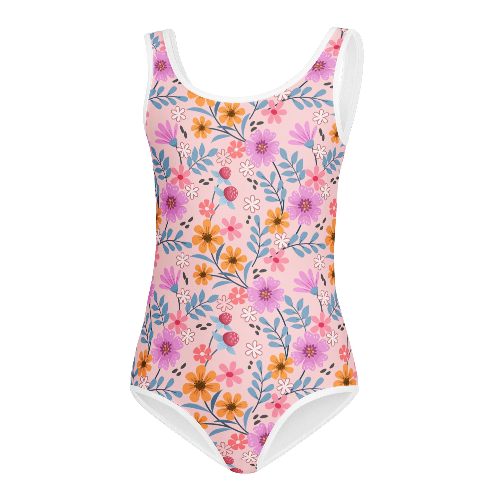 Girls pink floral buttery soft one-piece swimsuit with white trim quick drying for dance and gymnastics
