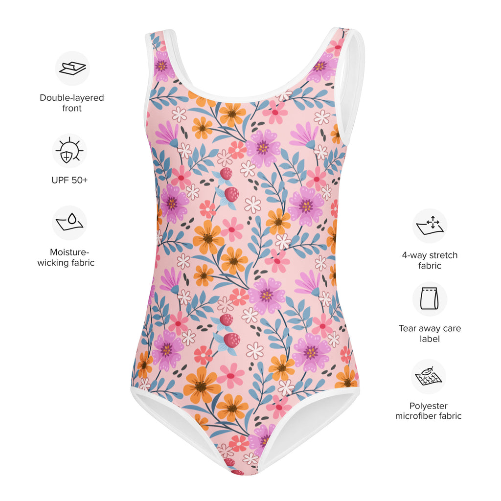 Girls pink floral buttery soft one-piece swimsuit with white trim and UPF 50 plus protection featuring vibrant flowers