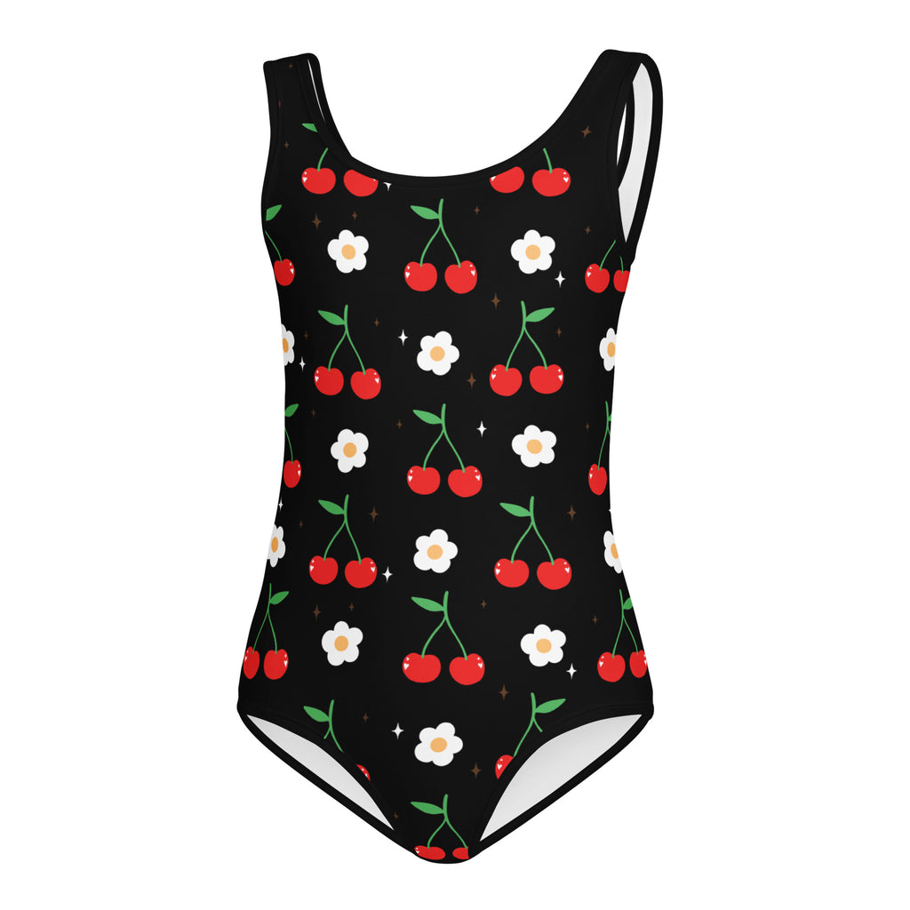 Girls cherry blossom buttery soft black leotard with red cherries and white daisies quick drying for dance and gymnastics