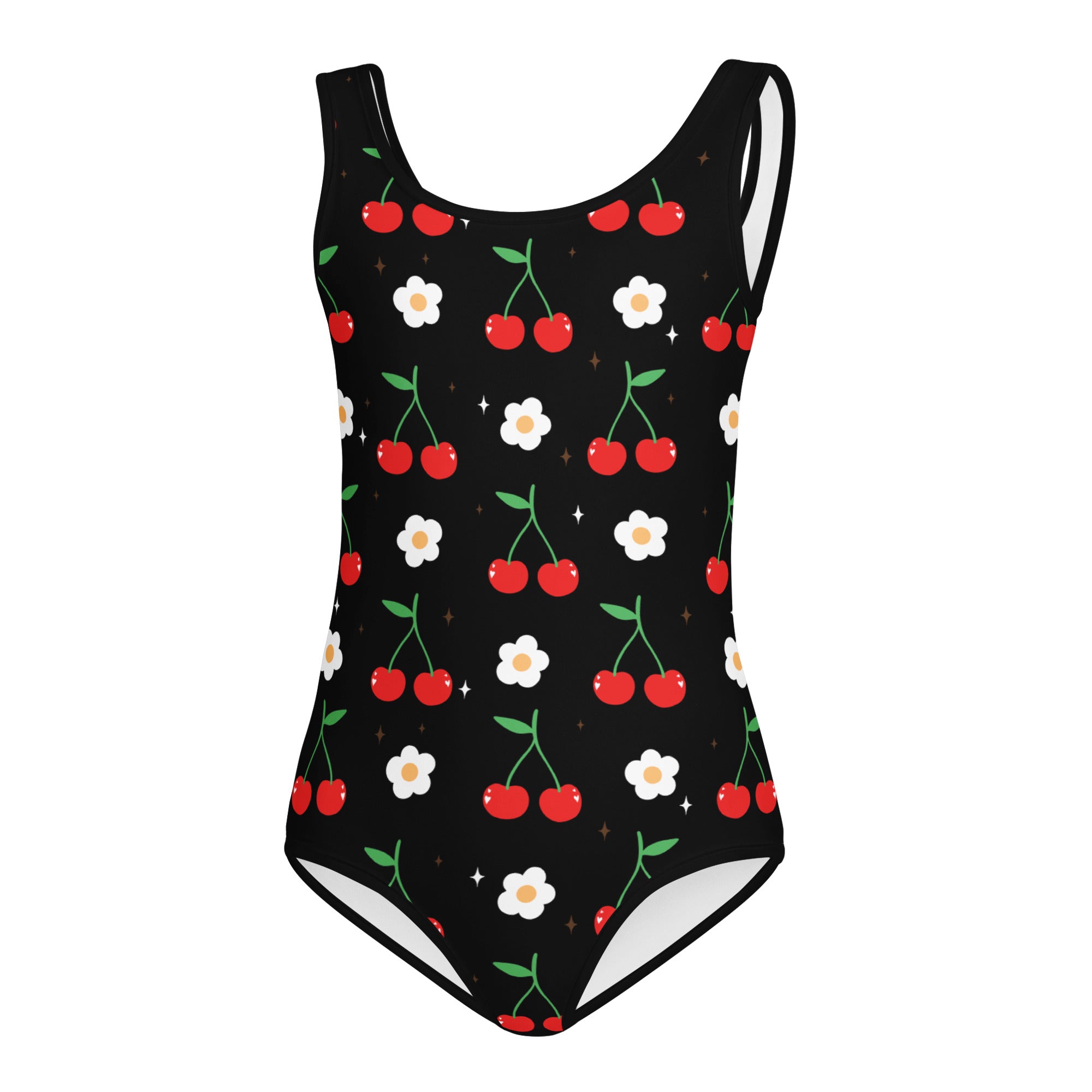 Girls cherry blossom buttery soft black leotard with red cherries and white daisies quick drying for dance and gymnastics