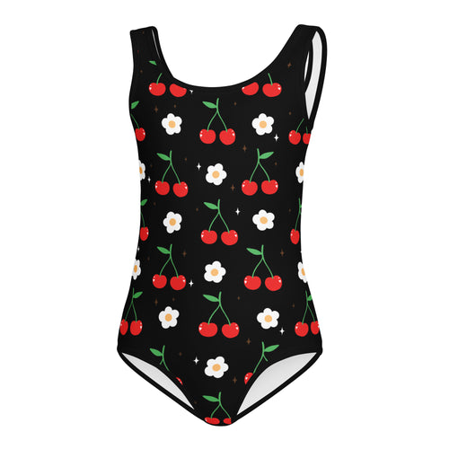 Girls cherry blossom buttery soft black leotard with red cherries and white daisies quick drying for dance and gymnastics