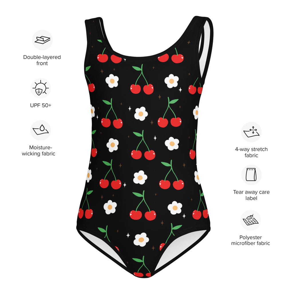Black one-piece girls swimsuit with cherry blossom pattern on buttery soft stretchy polyester microfiber fabric upf 50+